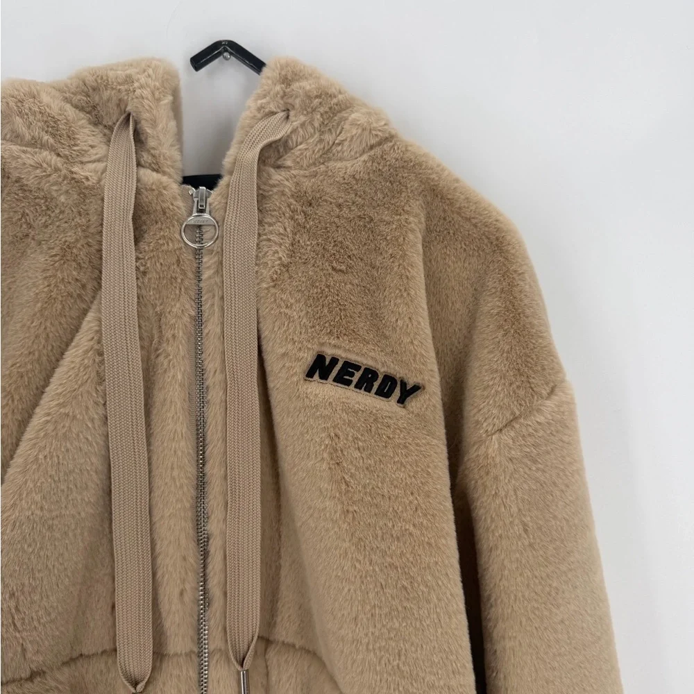 Nerdy Eco Faux Fur Soft Beige Logo Front Hooded Zip Up Jacket - Picture 3 of 7